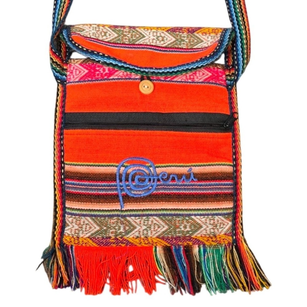 Peru Artisan Alpaca Crossbody Bag Multicolor Geometric Fringe Boho Messenger Bag